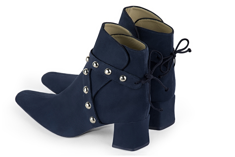 Navy blue women's ankle boots with laces at the back. Square toe. Medium block heels. Rear view - Florence KOOIJMAN